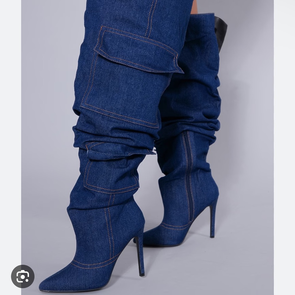 Denim Oversized Slouchy Utility Pocket Detail Over The Knee Stiletto Boots